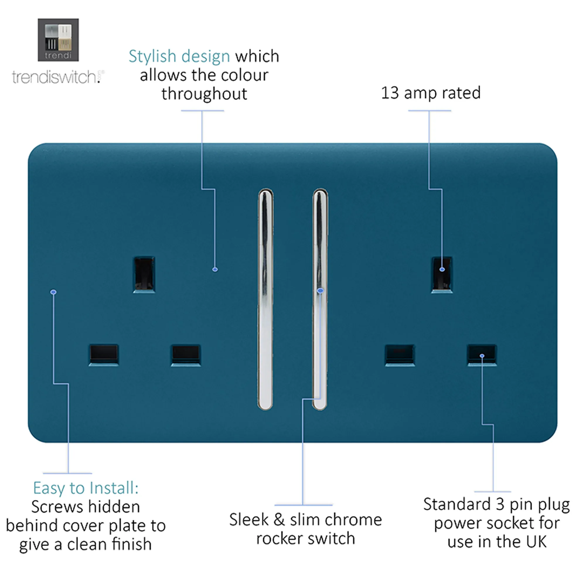 2 Gang 13Amp Long Switched Double Socket Midnight Blue ART-SKT213LMD  Trendi Midnight Blue